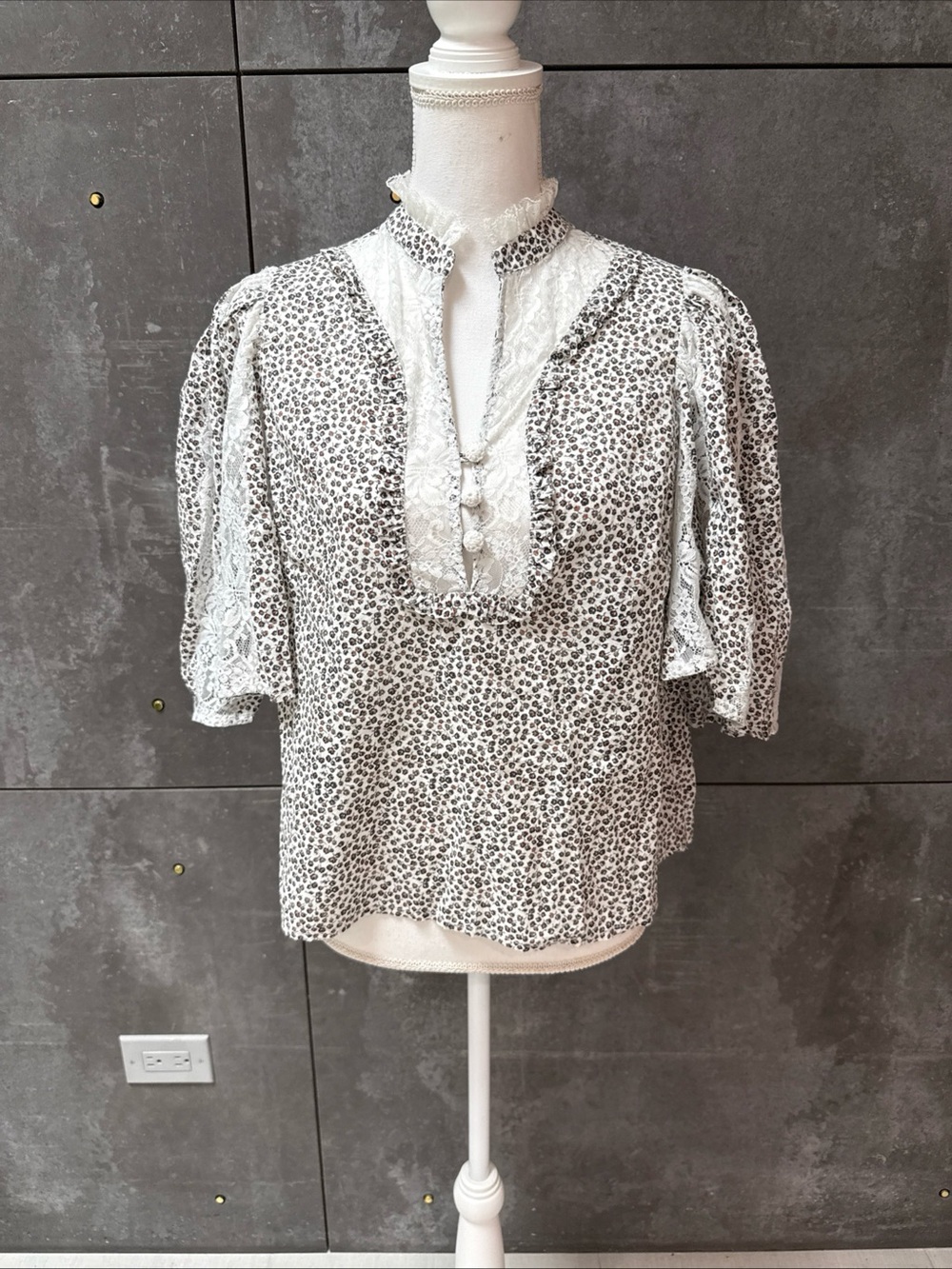 Anthropologie Black Micro-Spot Lace-Trim Puff Sleeve Blouse